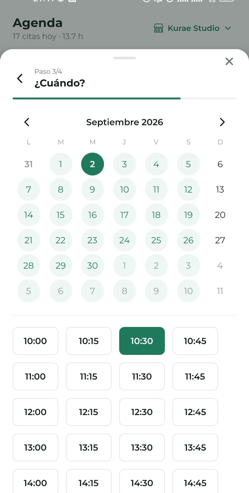 Pantalla per triar dia i hora en crear una cita