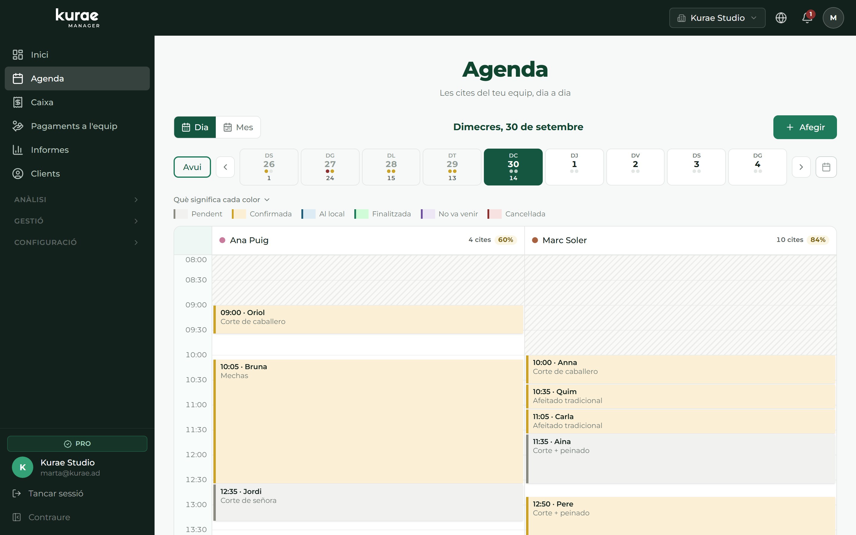 Agenda del panel con una columna por profesional y las citas del día