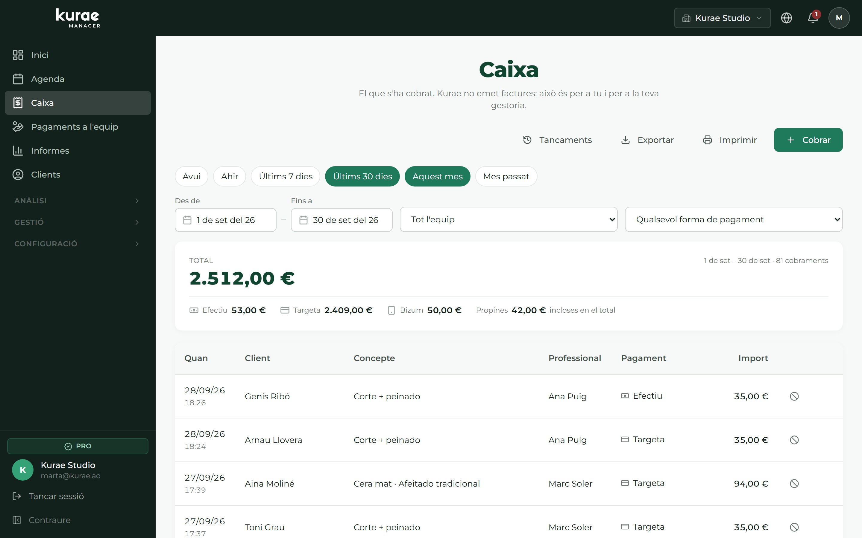 Pantalla de caja con lo cobrado del día, el desglose por forma de pago y la lista de cobros