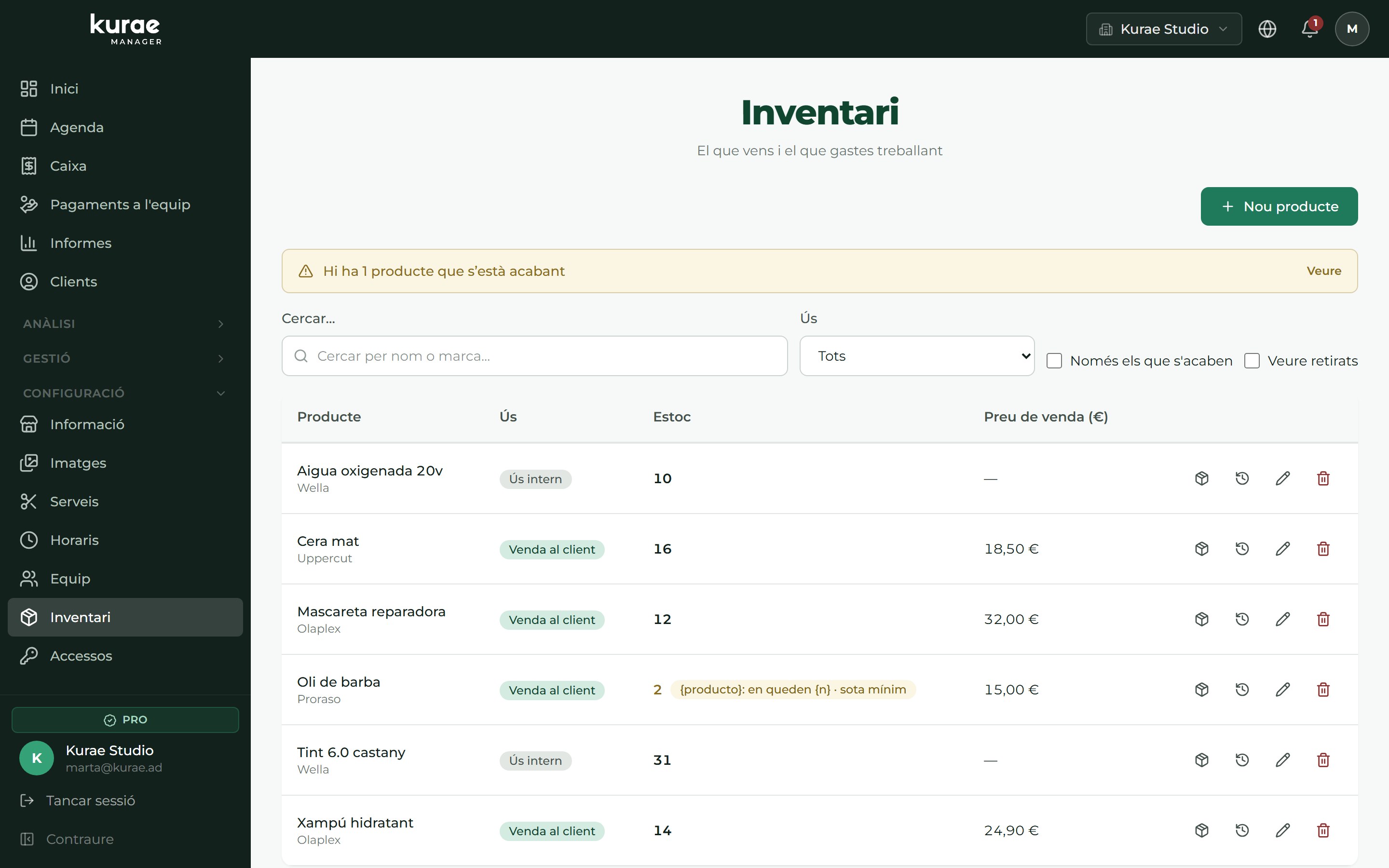 Inventario con el aviso de productos que se están acabando, el stock y el precio de cada uno